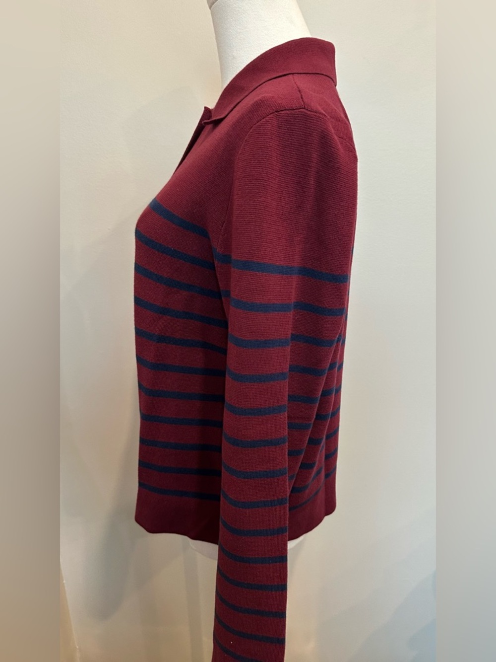 J.Crew Striped Collared Cardigan Sweater Medium Burgundy Navy Knit Preppy - Picture 3 of 5